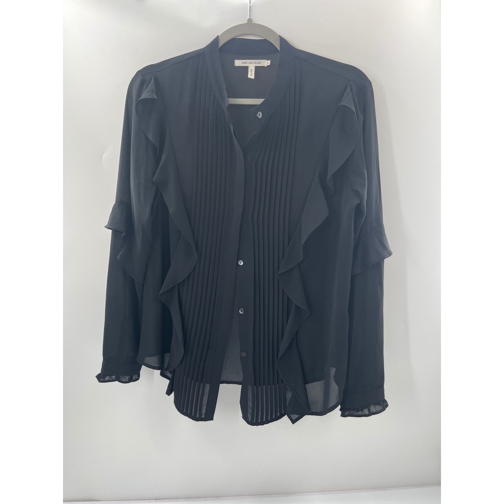 Avec Les Filles Black Pintuck Ruffle Sheer Blouse Top Medium